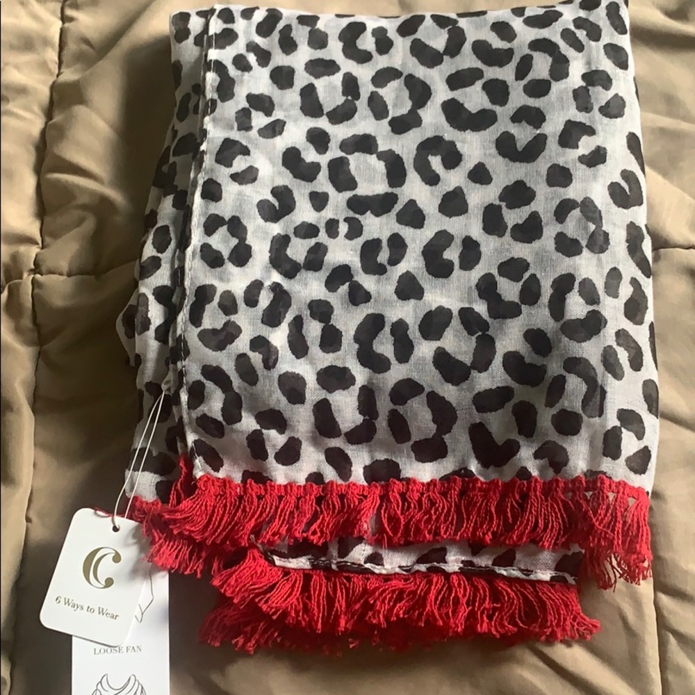 Leopard Scarf with Red Fringe